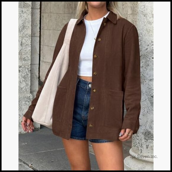 Faux Suede Jacket Women Long Sleeve Button Down Winter Coat Shacket - Picture 3 of 7